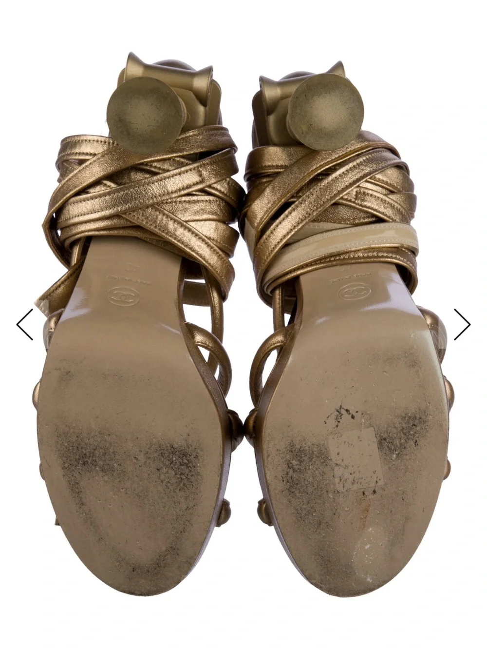 Chanel Metallic Gold Strappy Wrap-Heel Sandals - Picture 6 of 6